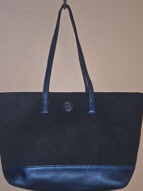 Tory Burch Emma Grey Blue Tote Bag Logo Accent Wool
